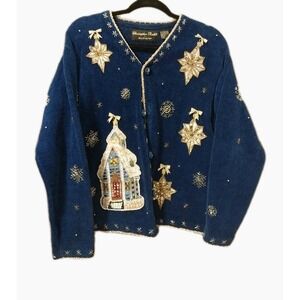 Vtg Christopher Radko Church Stained Glass Ornaments Christmas Sweater Women's L